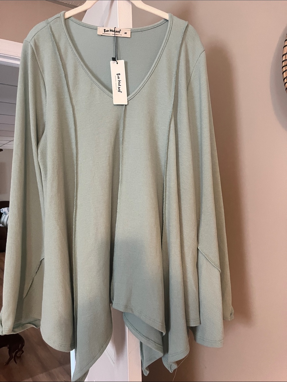 Three Bird Nest Sage Ribbed V-Neck Swing Tunic